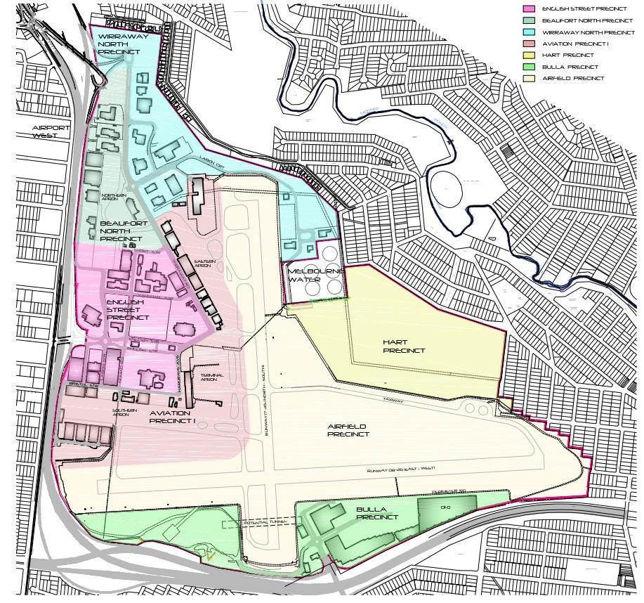 3.3 Existing Airport Uses The master plan for the Essendon Airport proposed in 2013 separates the site into seven precincts, summarised below and demonstrated in Figure 3.