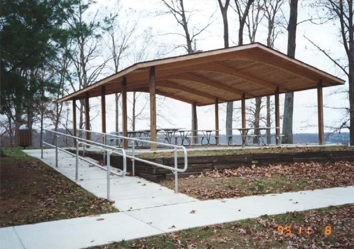 Photo P-3. Picnic shelter roof trusses. Overlook Area, Monroe Lake, IN.