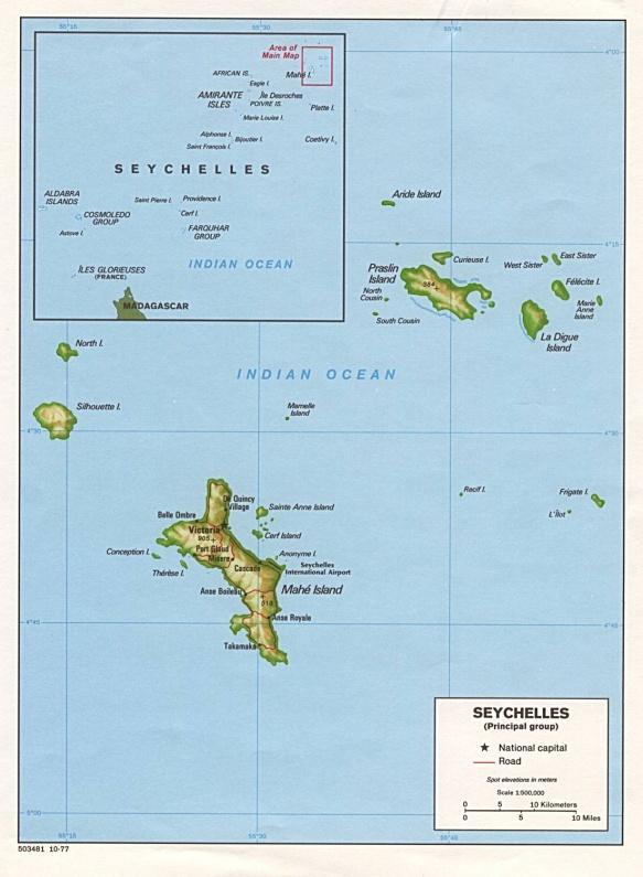 Map showing the Seychelles Islands. The biggest island is Mahe which is also the main island of the Seychelles archipelago. The data used in my report is from the island of Mahe.