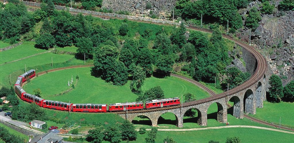 In the modern panoramic car you travel through 55 tunnels, over 196 bridges and along inclines of up to 70 per mil. The route of the Bernina Express is part of the UNESCO World Heritage.