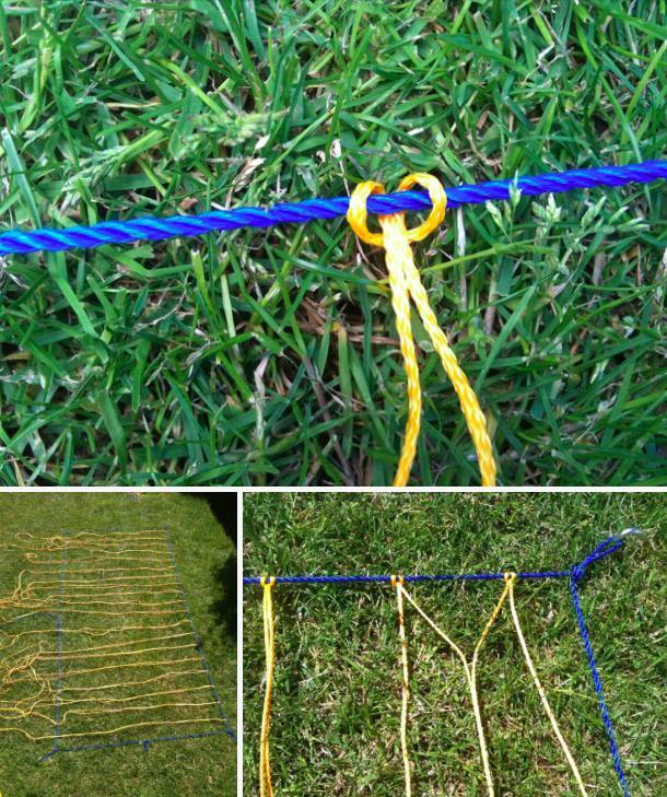 When you have all your cords attached to the rim, space them out equally. Skip the first cord, and tie the second and third cords together, using an overhand knot.