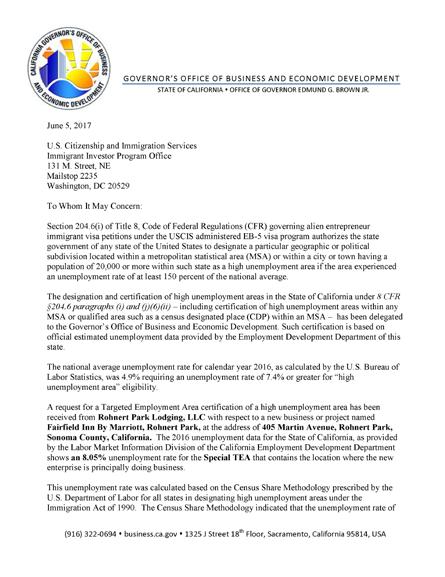Letter of Regional Center Designation