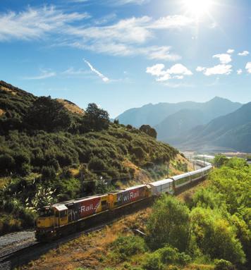 TOUR HIGHLIGHTS CLOCKWISE FROM TOP LEFT: Cruise aboard the vintage steam ship TSS Earnslaw to Walter Peak; the TranzAlpine scenic train journey is renowned worldwide as the Great New Zealand Rail