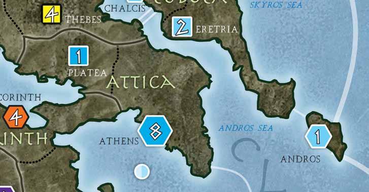 HELLENES: Example of Play 11 Siege Attrition in Athens Athens Player Turn: 3 Actions Athens now takes its three Actions (remember that Athens gets +1 from Pericles who is still in play!).