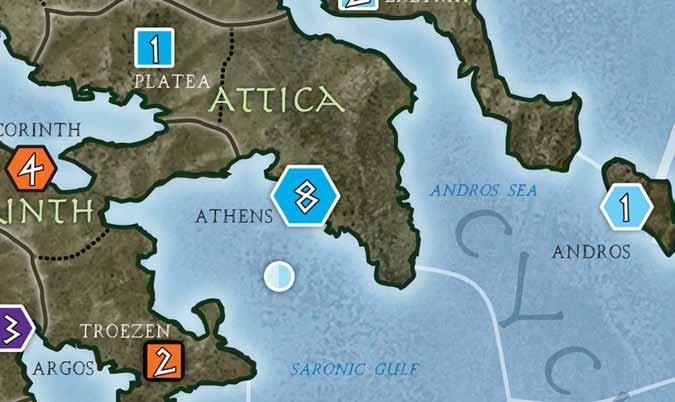 12 HELLENES: Example of Play Now that all Athenian actions are complete, the Spartan player must roll for both DeepSea crossings made by the enemy fleets which sailed to Samos (see 5.22).