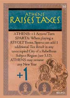 Sparta plays card #36 Athens Raises Taxes inverted for its 2-action value rather than its event. Since the Action value of Athens card is lower, Athens goes first.