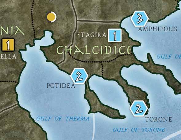 ATHENS PLAYER TURN: Treachery Event; 0 actions HELLENES: Example of Play 7 Athens declares its Treachery Event to occur in Potidea. Normally Events do not allow Siege Assault combat (see 8.