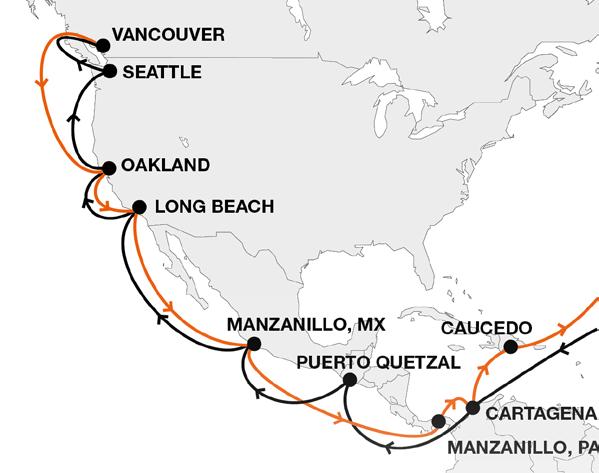 North America Latin America MPS Mediterranean Pacific Service Key Service Strengths Direct connection and fast transit time for reefer cargo between Puerto Quetzal and North America West Coast