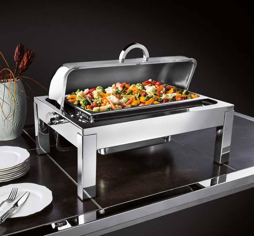 COOLING COOKING WARMING Oblong Wonder Chafer MIRROR FINISH SATIN FINISH SILVERPLATED BLACK TITANIUM* VENETIAN GOLD TITANIUM* GOLD TITANIUM* PLATINUM CHAMPAE TITANIUM* OBLONG WONDER CHAFER with