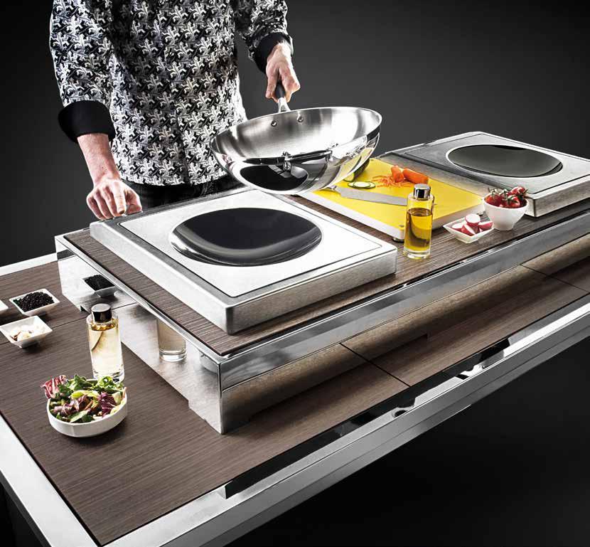Freestanding housing with cutting board and hidden food scrap pan Wok Stations Single and Dual Induction IDEAL FOR SHOW COOKING Spare parts and accessories FEATURES USER