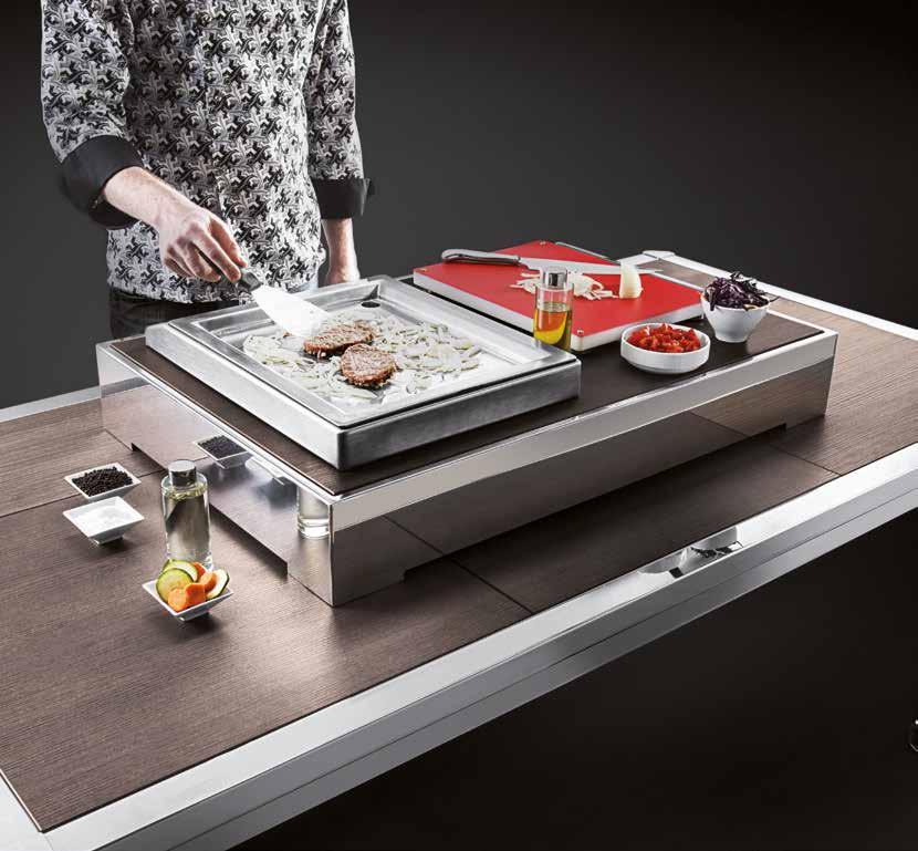Freestanding housing with cutting board and hidden food scrap pan Grill Stations Single and Dual Induction Spare parts and accessories IDEAL FOR SHOW COOKING CODE Polyethylene Cutting