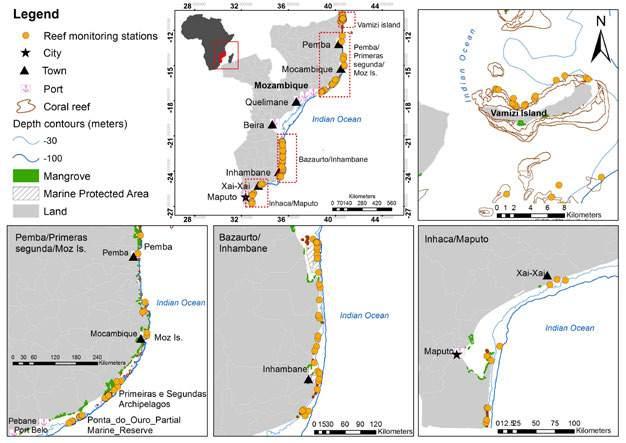 Figure 2.5.1 Republic of Mozambique s coral reefs and monitoring stations for which data was included in this study 2.5.3 Status and trends Data on coral cover retrieved from earlier reports shows cover of 30-60% prior to 2000, and progressive decline since then (fig.