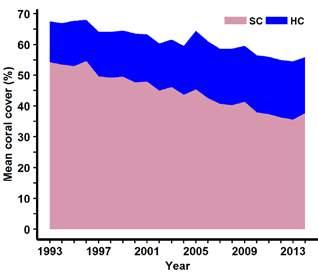 2.8.3 Status and trends Total hard and soft coral cover at the Nine-mile Reef monitoring site (Central Complex) has decreased gradually since monitoring commenced, from 67.5% in 1993 to 55.