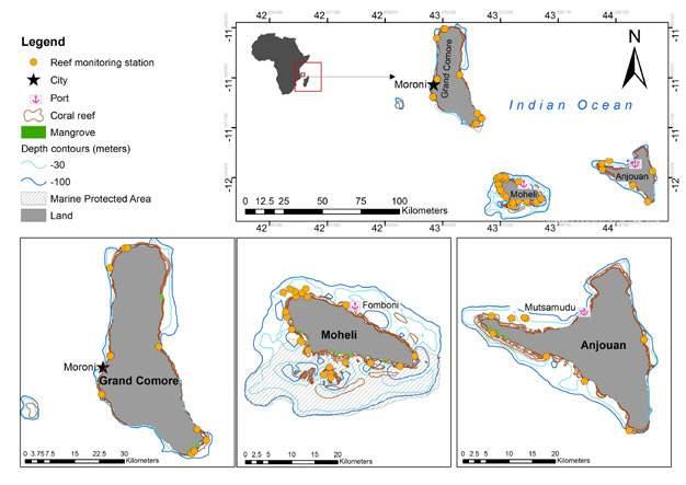 Figure 2.1.1 Comoros archipelago s (Grande Comore, Mohéli, and Anjouan) coral reefs and monitoring stations for which data was included in this study 2.1.3 Status and trends Monitoring began in 1998 at 10 sites on the islands administered by the Union of the Comoros, Grande Comore, Anjouan, and Mohéli.
