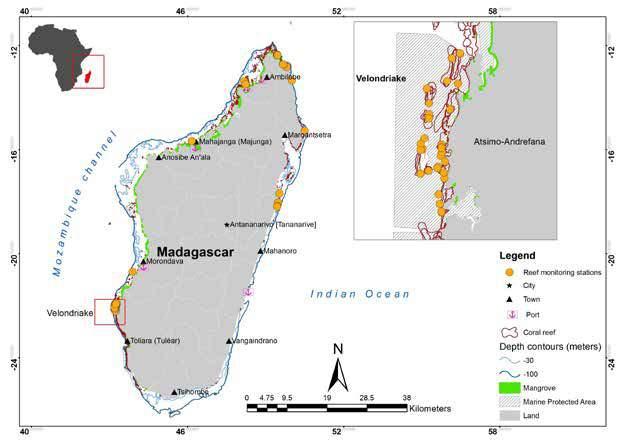 Figure 2.3.1. Madagascar s coral reefs and monitoring stations for which data was included in this study 2.3.3 Status and trends Live coral cover in Madagascar has shown a gradual decrease from 1998 to present, from an average of 50% to 30% (fig.