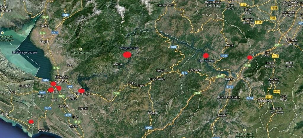 Stacioni S1(zona e Recit), i pozicionuar në Kosovë Stacioni S2 (Drini Morin), zona në kufi me Shqipërinë. Stacioni S3 (Drini Koman), i pozicionuar dalje të Liqenit të Komanit.
