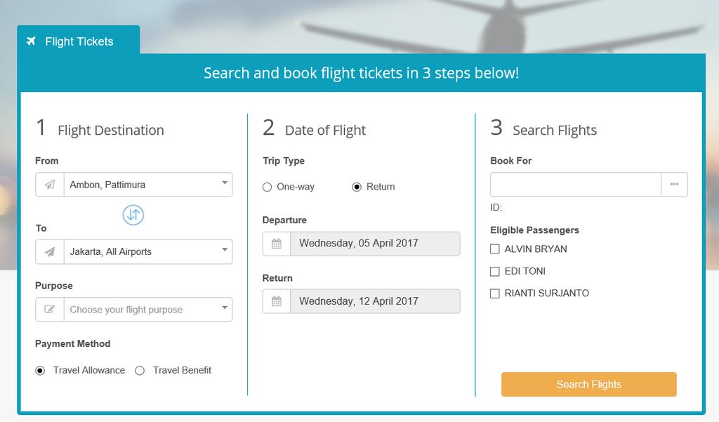 3. After signing in you will be directed to booking page. Please enter the details needed in Step 1 and 2. In step 3, you can enter the employee you want to book for, and tick them as passengers.