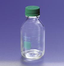Bottles have permanent white enamel graduations and marking spots. Options include clear glass, coated glass, and low actinic (red colored) media bottles for light-sensitive applications.