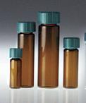 Vials shown have Green Thermoset F217 Teflon lined caps, see description below right. Amber Vials with Teflon Lined Caps Part# Capacity Neck Size Qty/Case Dimensions 1+ 6+ cases QP-GLC-06786 1.