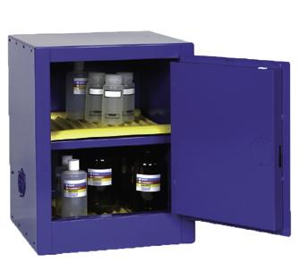 To resist aggressive chemicals, acid cabinets also include polyethylene trays attached to galvanized steel shelves and a separate polyethylene liner for the bottom sump.