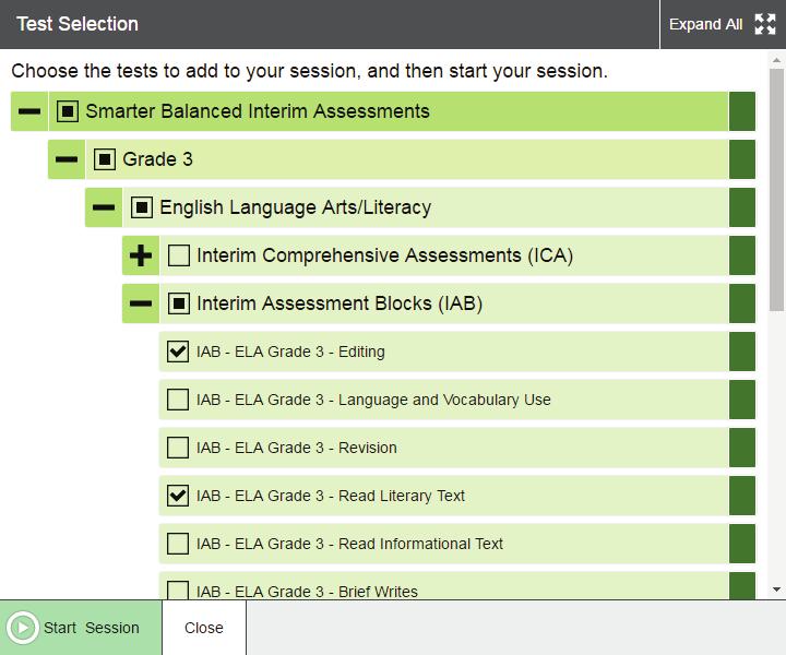 7 A Session Attributes box appears that allows you to select a test reason from the Interim Assessment Test Reason drop-down menu.