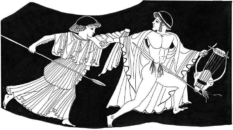 Fig. 125. The death of Orpheus at the hands of Thracian women. Orpheus tried to follow her, but this time his entrance to Hades was sternly refused.