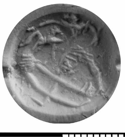 Stylistic comparisons for the imagery and the rendering of the figures Fig. 6. The impression of the lentoid seal P05/941. figure s head. The left arm s disposition is difficult to discern.