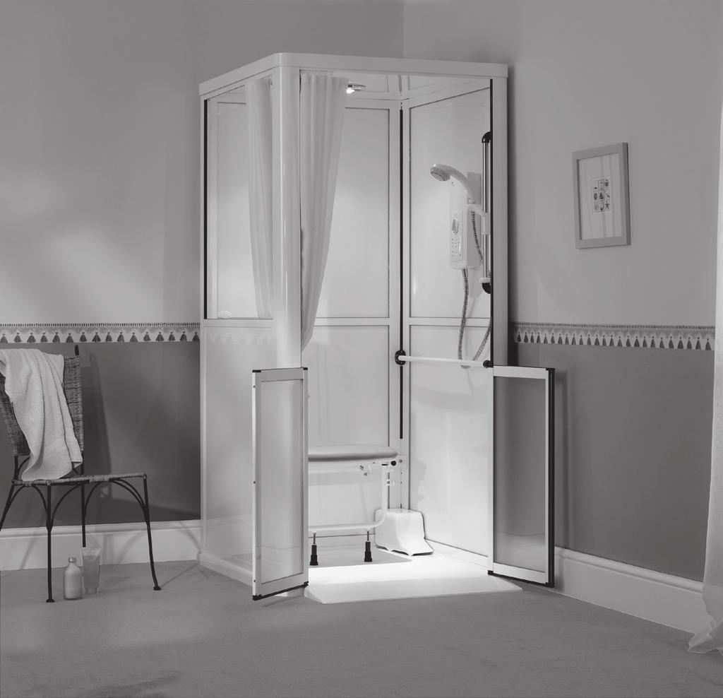 Front Entry Shower Cubicles Model 100MK2 shown, complete with; Half height carer assist panel Padded tip up seat Mira Advance Flex shower unit Pumped waste Combined halogen light and extractor fan