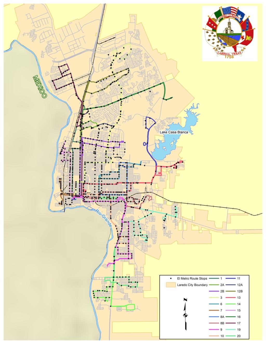 Figure 1: Existing El Metro Bus Routes and Stops (2010)