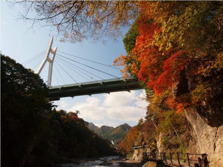 on foot from Kawarayu Onsen Station on JR Agatsuma Line The expressive gorge with rocks and waterfalls are decorated by beautiful foliage during