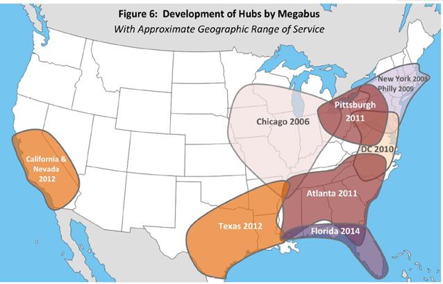7) EXPANSION OF BOLTBUS AND MEGABUS.COM SERVICE This map shows the approximate geographic range of hubs created by Megabus between 2006 and 2015.