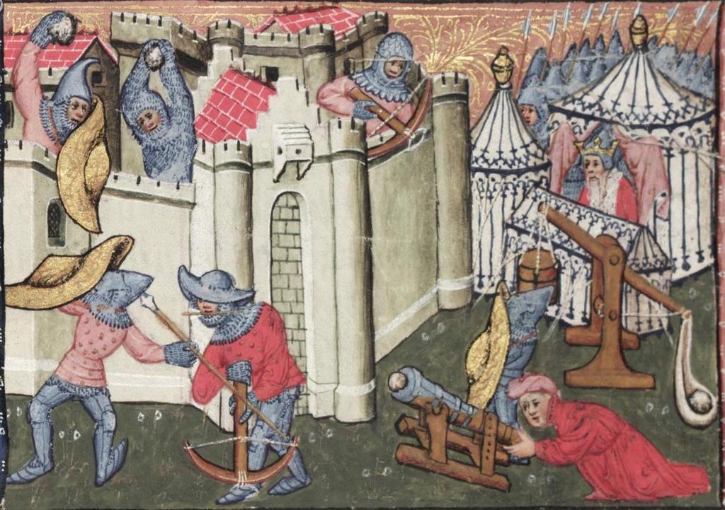 (Figure 2.2: The use of a cannon alongside with a trebuchet in an early 15 th century Alexander Roman, c. 1400, MS Bodl 264 f.255r) Gigantism in gun warfare (ca.