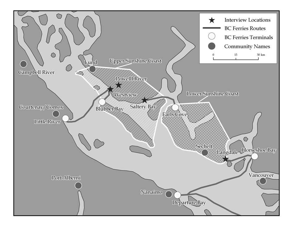 Figure 1. Locations of on-site interviews conducted in the Sunshine Coast. Two teams of two interviewers collected data between June 8 and August 31, 2007.