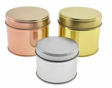 11 Round Welded Side Seam The round welded side seam tin with step slip lid is available in three sizes and three colours including rose gold, gold and silver.
