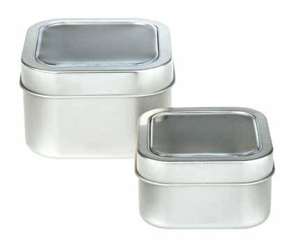 12 Square Seamless Window Lid This silver seamless square tin comes in two sizes, both with a window slip lid to enable consumers to see the products inside.