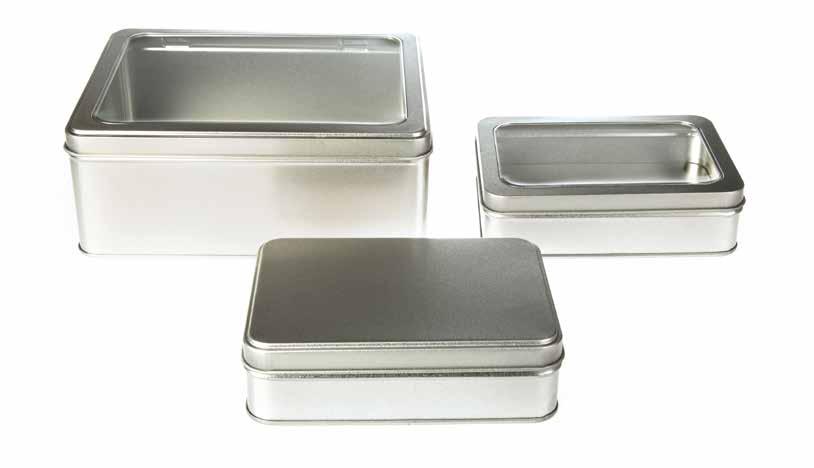 Window Lid 1000ml T2335 - L195 x W153 x H76 Hinged Lid / 1400ml T2335W - L195 x W153 x H76 Window Hinged Lid / 1400ml Sliding Lid Tin These silver rectangular sliding lid tins come in four different