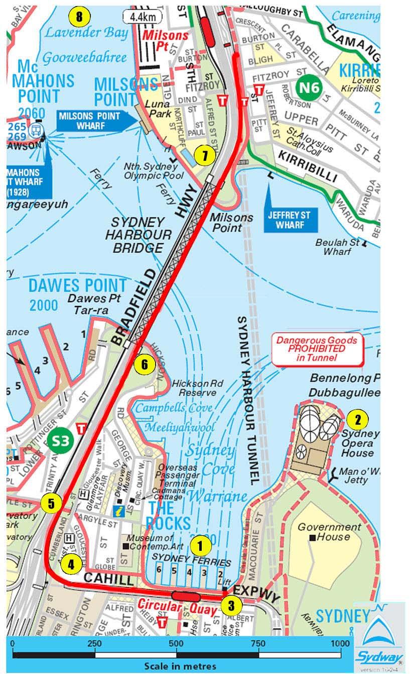 Day 1:1 - Circular Quay to Milsons Point Station Distance: 2.5km Approximate time: 50 minutes Condition: Paved footpaths, flights of steps either end of Bridge.