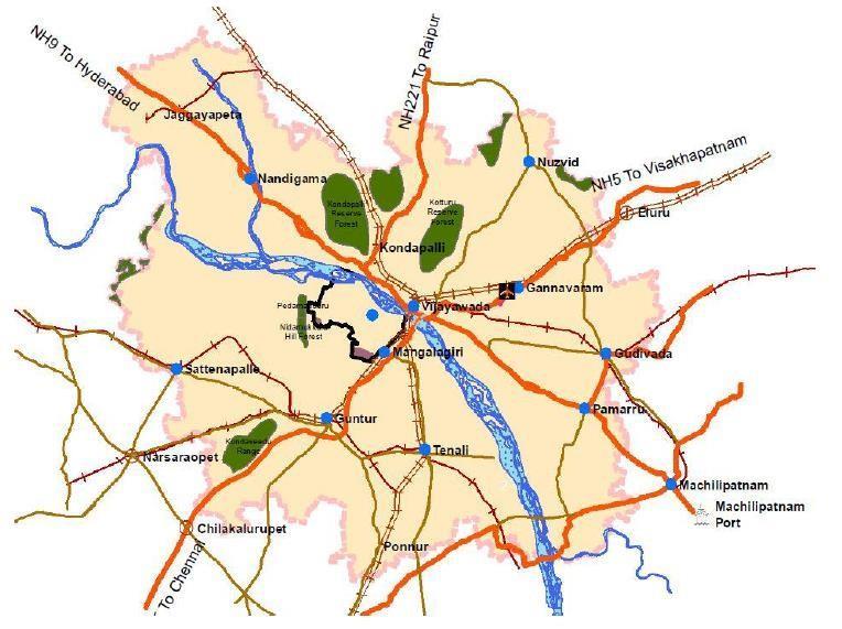 Amaravati has great connectivity Roads Bounded by two National Highways - NH5 connecting to Vizag and Chennai; NH9 connecting to Hyderabad and Machilipatnam Railway ~20 min from Vijayawada junction 2
