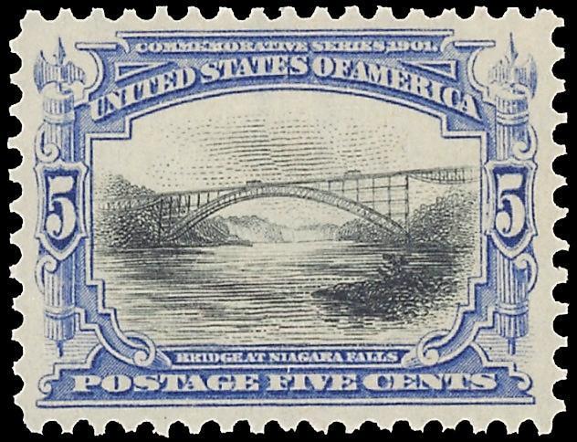 The vignette shows two trolley cars on the bridge, passing between the United States and Canada, set in an ultramarine frame. The vignette and frame for this stamp were engraved by Marcus W.