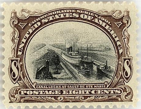 Completed in 1895, the Soo Locks were, at the time of the printing of this stamp, the largest in the world, and the first to be operated electrically.
