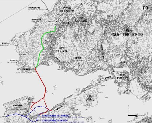 Feasible route of the linking rail most likely based on the proposed Regional Express Line or the Chek Lap Kok-Tuen Mun Link and connect to Lok Ma Chau for interchanging to a new line from Huanggang