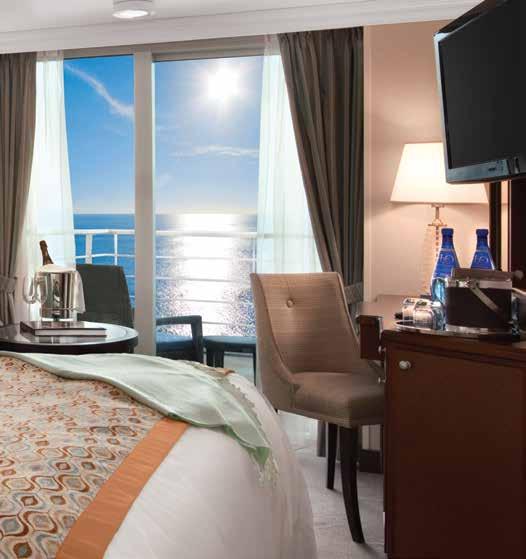 STATEROOM AMENITIES Prestige or Ultra Traquility Bed, Oceaia Cruises exclusives, with 1,000-thread-cout lies + Refrigerated mii-bar with free ad ulimited soft driks ad bottled water repleished daily