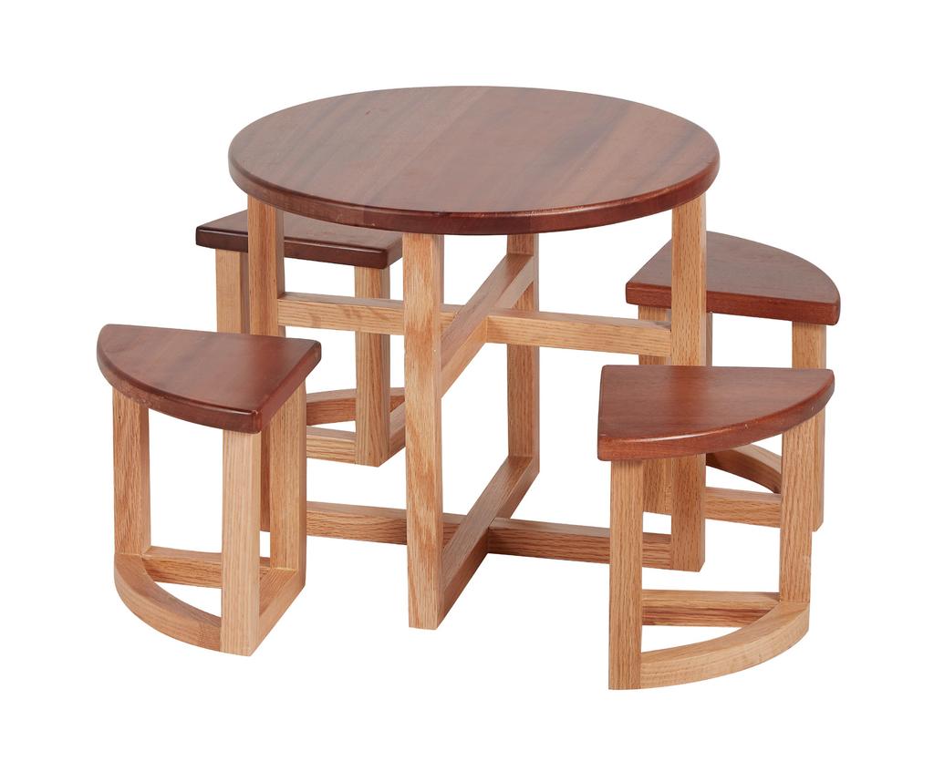 Wood finished table accompanied by four stools.