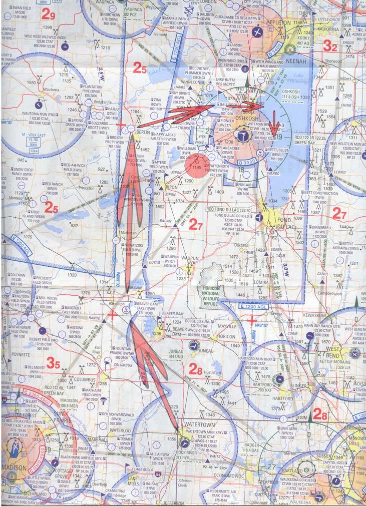 Routing RYV to OSH Runway 27 RYV DCT Beaver Dam DCT Berlin Field DCT Lake Butte DCT RT DOWNWIND OSH Rwy 27 WAYPOINT COURSE DISTANCE ALTITUDE SPEED TIME ETA RYV 335