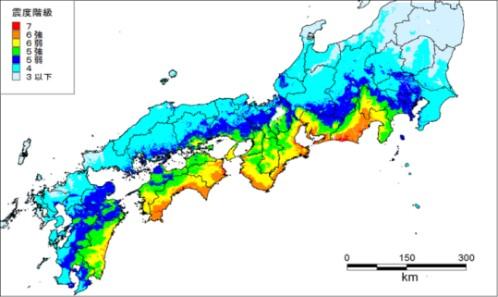 Earthquake intensity distribution using a model Distribution map of the maximum earthquake intensity 0 According to the strength wave calculation 基本ケース Basic 東側ケース East side case Simulation case 36