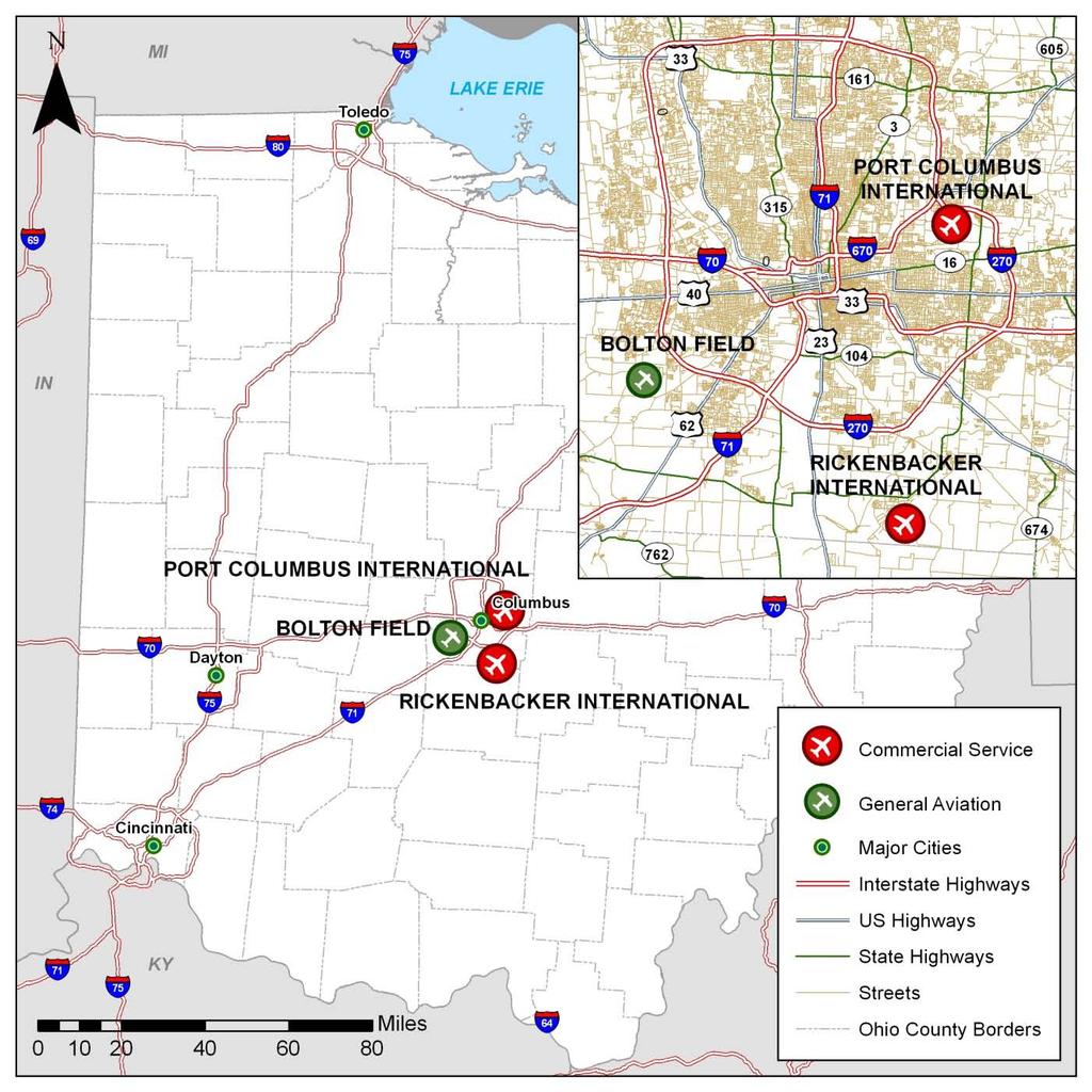 Figure 1-1 The Columbus Regional Airport Authority s Airports Source: CDM Smith The Rickenbacker Inland Port is a high-speed, multi-modal logistics hub anchored by Rickenbacker International Airport.