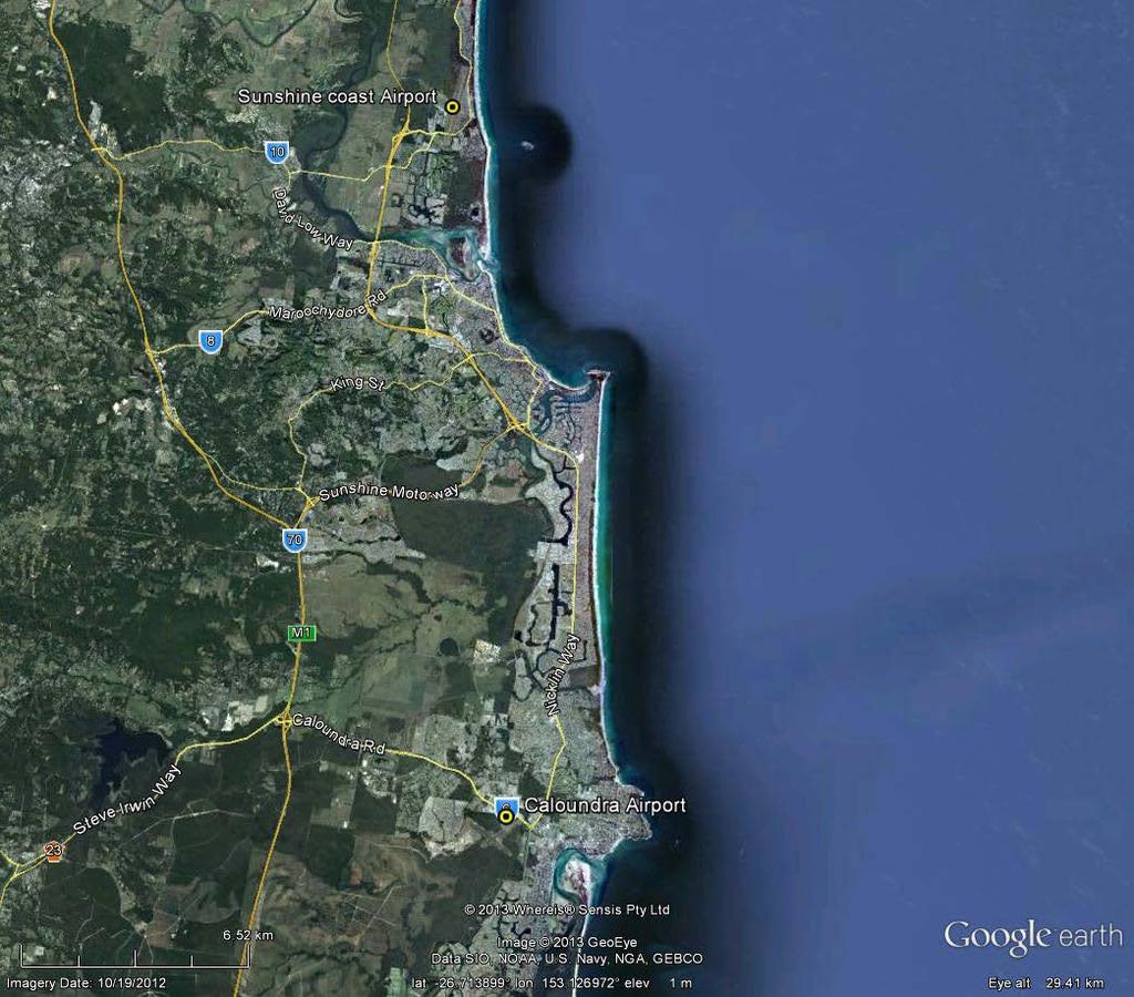Figure 1: Location and runway orientation of Sunshine Coast and Caloundra Airports The