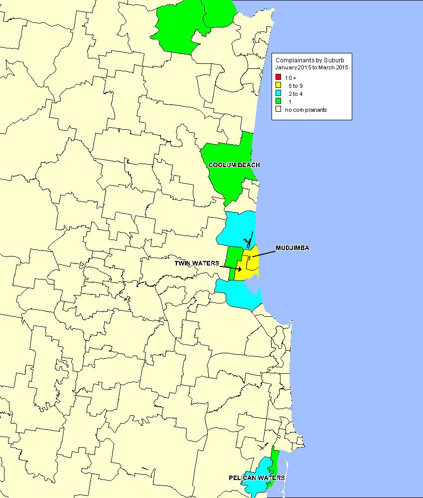 Figure 4: Sunshine Coast and Caloundra Airports complainant density by suburb for the period January 2015 to March 2015 The key points in Figure 4 are: Mudjimba was the only suburb to increase the