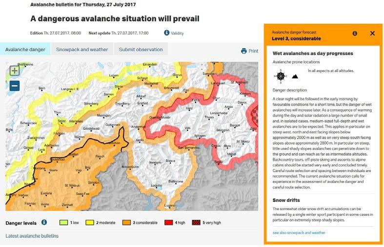 Avalanche Bulletin Interpretation Guide 10 Products In winter, the avalanche bulletin consists of an interactive map, including danger descriptions and a section headed "Snowpack and weather".