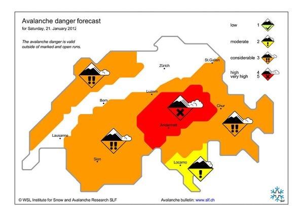Avalanche Bulletin Interpretation Guide 13 Icons Icons provide an initial overview of the avalanche danger. Icon map An icon map is a generic hazard map showing only the danger level.